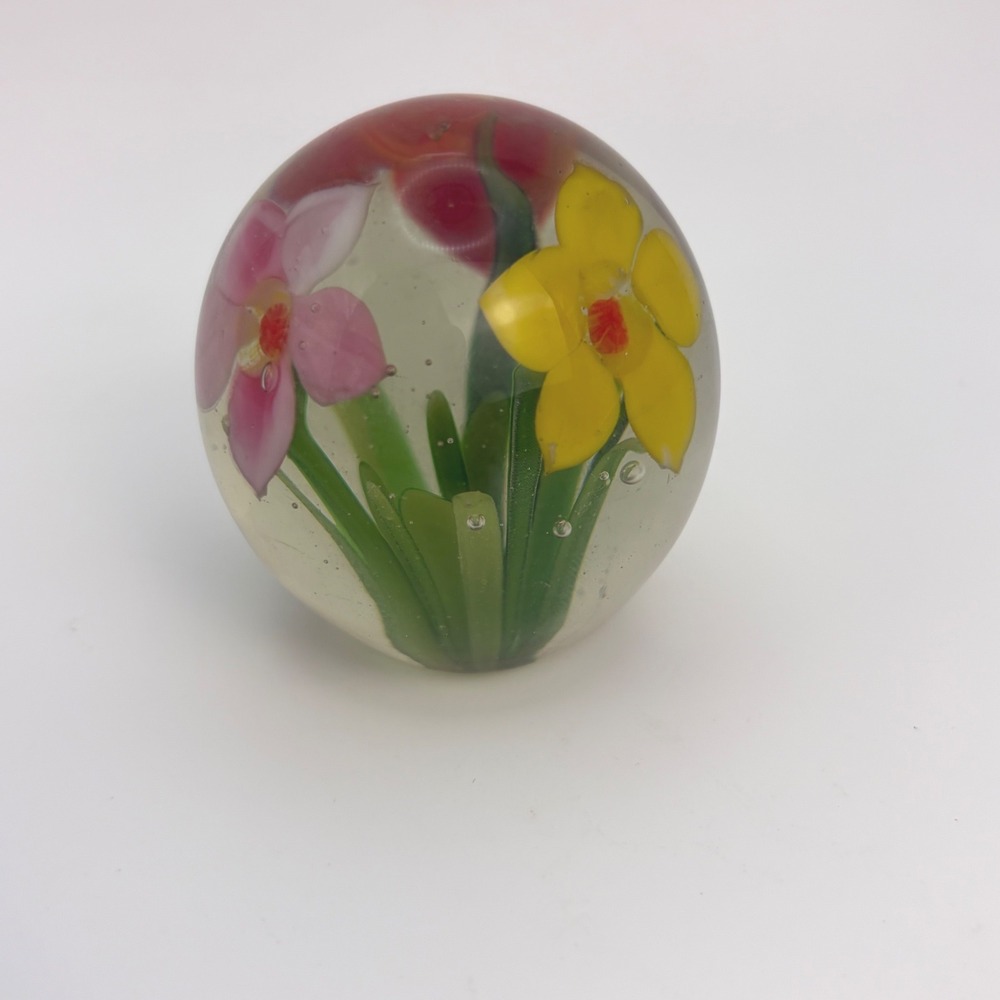 Floral Art Glass Paperweight Pink Yellow Flowers Clear Glass Orb